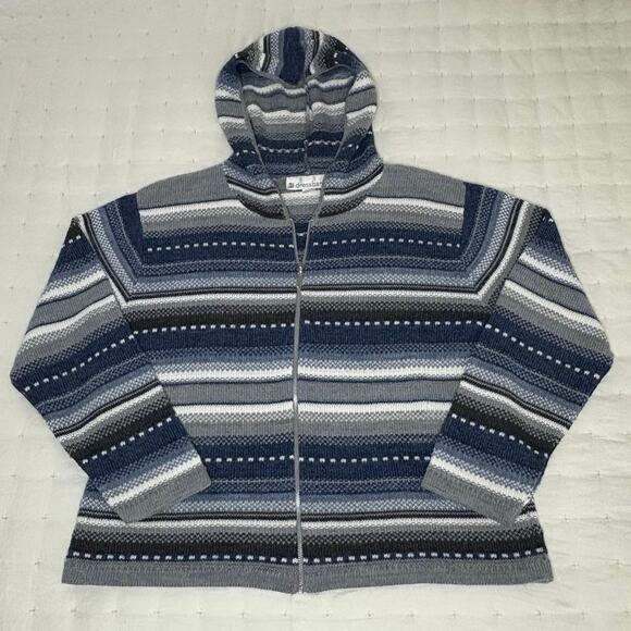 VTG Dressbarn Fair Isle Full Zip Hoodie Sweater Women's M Blue Gray White - Picture 2 of 12